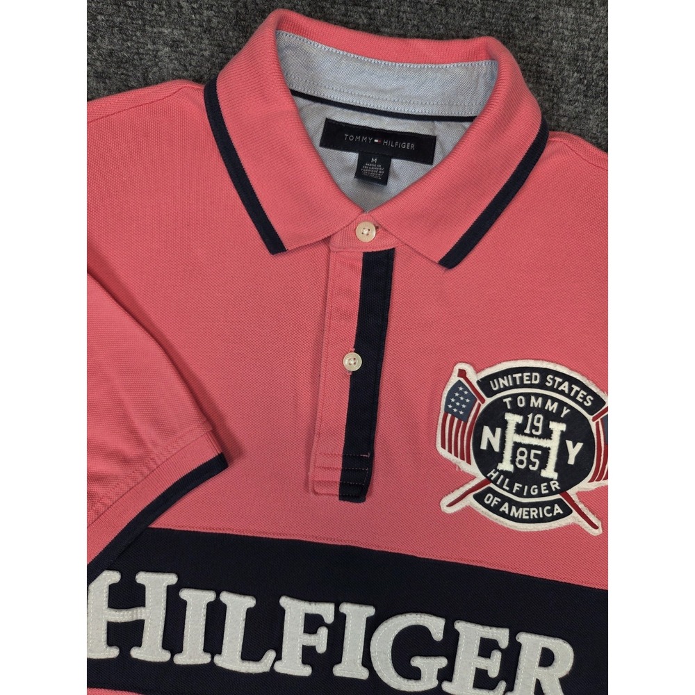 Tommy Hilfiger Polo Shirt Mens Medium Pink Embroidered USA